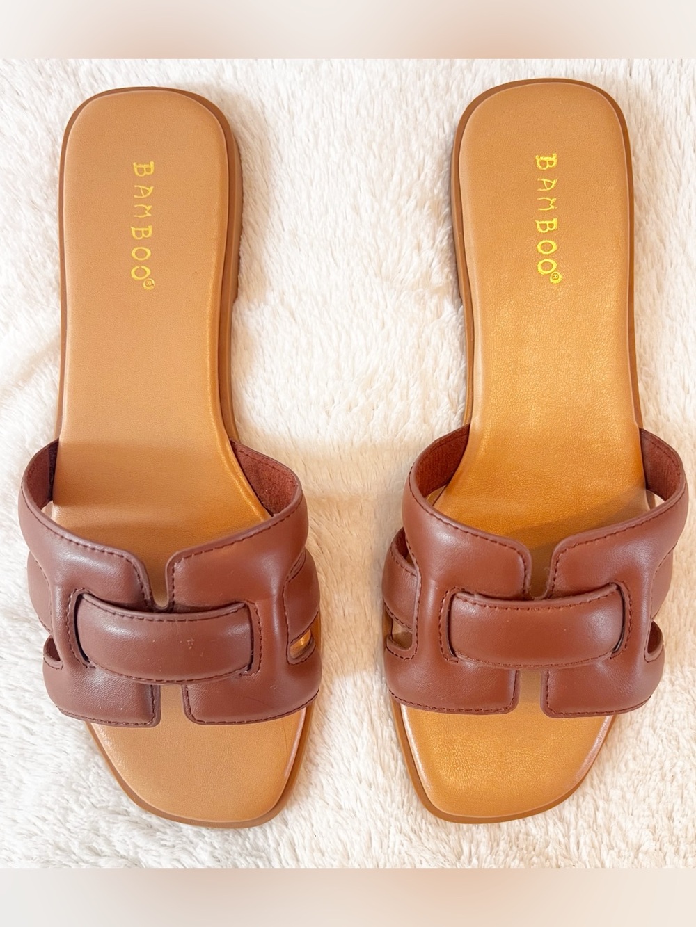 BAMBOO Tan/Brown Slide Mules with Cutout Strap